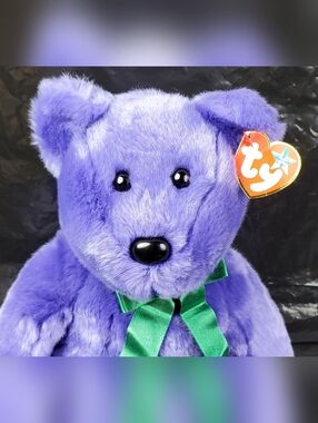 Ty 2000 VTG Beanie Buddies Purple Employee Bear Stuffed Animal w/ Tags - GUC
